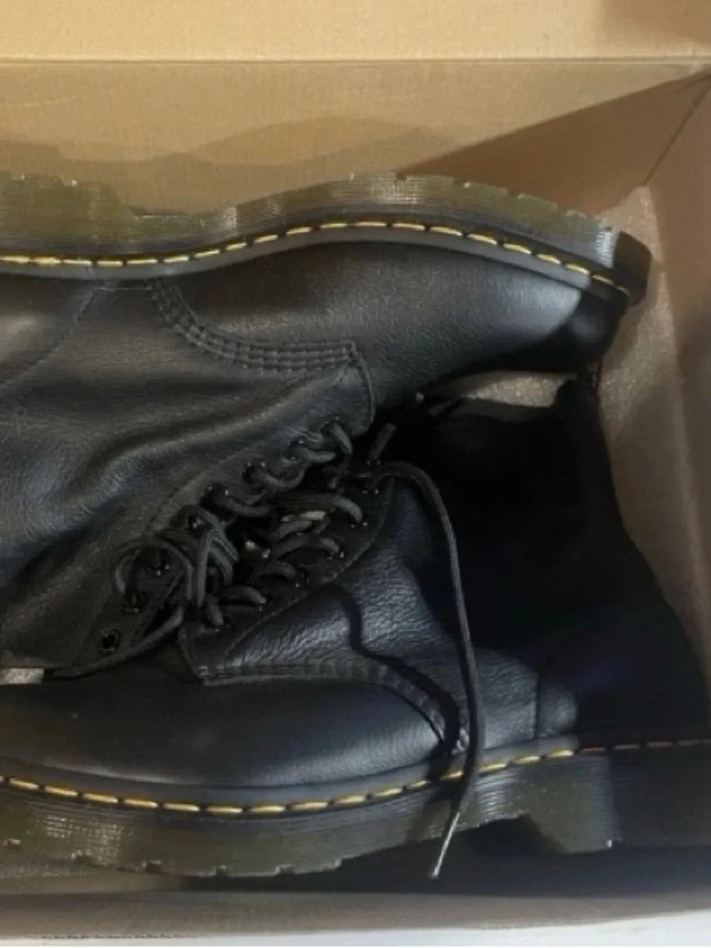 Dr. Martens Black Leather Lace-Up Boots with Yellow Stitching